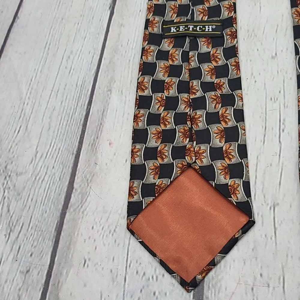 Vintage Ketch Black Orange Flower Power Retro Colorful Print  Tie